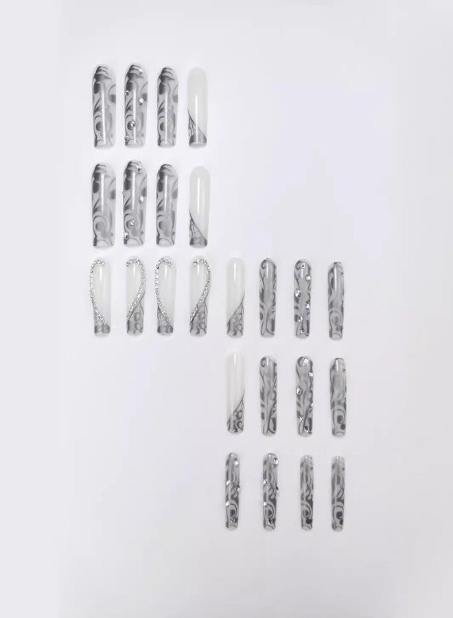 CTTHNBD Press on Nails Long Square Fake Nails Silver French False Tip with Rhinestones Charms Design Glue on Nails 3D Heart Stick on Nails Elegant Glitter Glossy Acrylic Nails for Women Manicure 24Pcs - Image 3